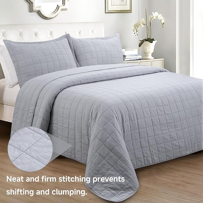 Quilt Super King Size Bedding Sets, 100% Cotton Lightweight Luxury Comforter Set, Oversized Extra Wide Stitching Bedspread Coverlet with 2 Pillowcase Suitable for All Season, Grey