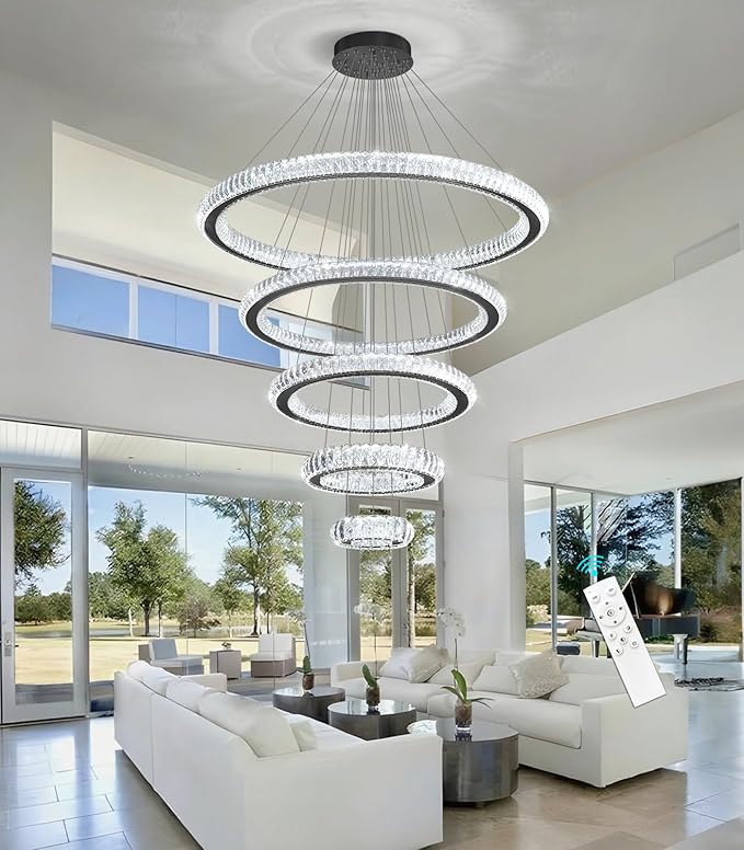 Modern Chandelier 8"+16"+24"+32"+40" 5 Rings Crystal LED Dimmable Lighting Foyer Entryway High Ceiling Living Room Chanderliers Pendant Lights Fixtures Black Light