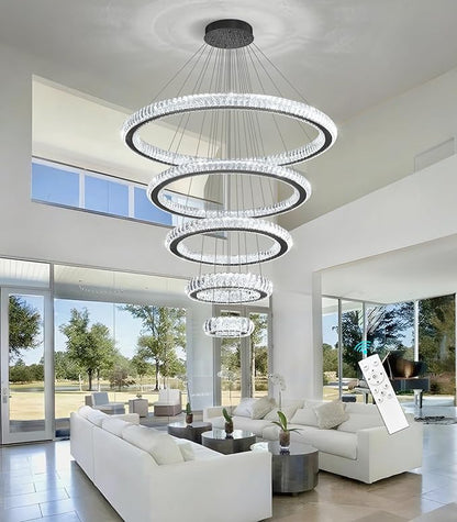 Modern Chandelier 8"+16"+24"+32"+40" 5 Rings Crystal LED Dimmable Lighting Foyer Entryway High Ceiling Living Room Chanderliers Pendant Lights Fixtures Black Light