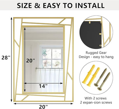 Brushed Gold Bathroom Mirror, 28''X20'' Rectangular Wall Mirrors with Geometric Metal Frame for Bathroom Bedroom Living Room, Hang Horizontally or Vertically