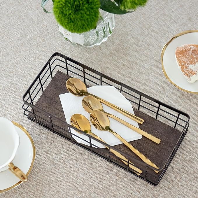 ROSE BLOOM Small Metal Wire Storage Basket, Decorative Wood Base Organizer Bins for Bathroom, Kitchen, Laundry Room, Pantry, Basket for Toilet Paper, Fruits, Spices (1 Pack)