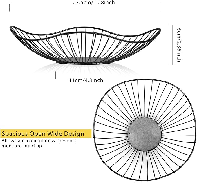 Lainrrew Metal Wire Fruit Basket, Fruit Bowl Fruit Holder Fruit Storage for Kitchen Counter, Metal Fruit Basket Fruit Holder Stand Storage Baskets for Countertop, Home Decor (Black)