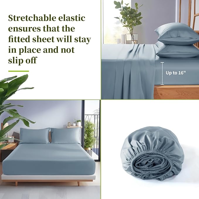 Shilucheng 100% Viscose Derived from Bamboo Queen Size 4pcs Ultra Cooling & Silky Soft Bed Sheets, 16" Deep Pocket, Perfect for Hot Sleepers, Hotel Bedding Sheets (French Blue)