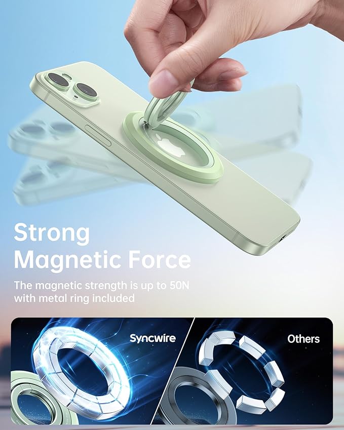 SYNCWIRE for MagSafe Ring Phone Holder, 360° Rotation Magnetic Cell Phone Grip Dual-Sided Magnets Phone Ring Kickstand Compatible with iPhone 17 16 15 14 13 12 Pro Max MagSafe, Android, Samsung etc.