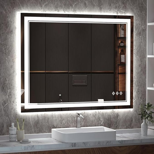 LED Bathroom Mirror, 40x32 Inch Gradient Front and Backlight Bathroom Vanity Mirror, 3 Colors Dimmable CRI>90 Double Lights, IP54 Enhanced Anti-Fog, Hanging Plates Wall Mount LED Mirror
