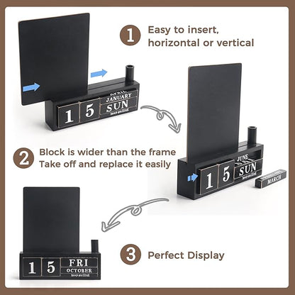 SELEAD Wooden Block Desk Calendar with Chalk Board - Daily Desktop Perpetual Calendar Words Sign Quotes for Home Office Classroom Decor, Teachers Students - Black