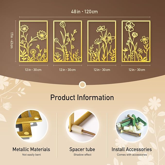 Sokurdeg Gold Metal Flowers Wall Decor, Minimalist Floral Metal Wall Hanging Art for Bedroom Bathroom Living Room (4 Pcs, 12 x 17 in)
