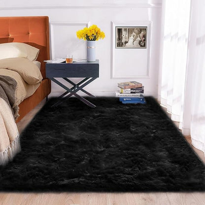 Washable Area Rugs 9x12 Living Room Large Black Faux Sheepskin Shaggy Fur Rug for Nursery Fluffy Rug for Bedroom Rectangle