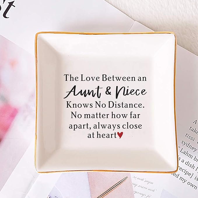 FACEINSE Aunt & Niece Jewelry Dish, Gifts for Aunt Birthday, Christmas, Mother's Day, Aunt Gifts from Niece, The Love Between Aunt & Niece Knows No Distance, Aunt and Niece Gift