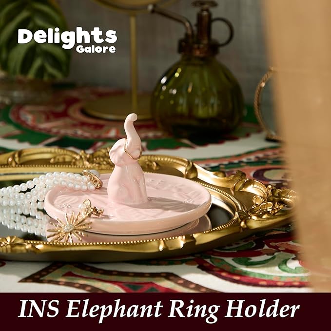Ceramic Elephant Jewelry Tray - Hand-Painted Trinket Dish & Ring Holder for Dresser, Elephant Themed Home Decor Organizer Bowl for Nightstand, Bathroom Counter (Pink)