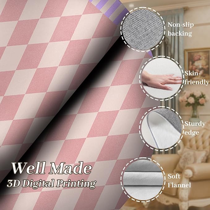 Pink Checkered Long Hallway Rug Runners, 2x8ft, Cute Girly Purple Geometric Design Bedroom Carpets for Girls, Fade Resistant Durable Pet Friendly Easy Clean Carpet for Indoor Porch