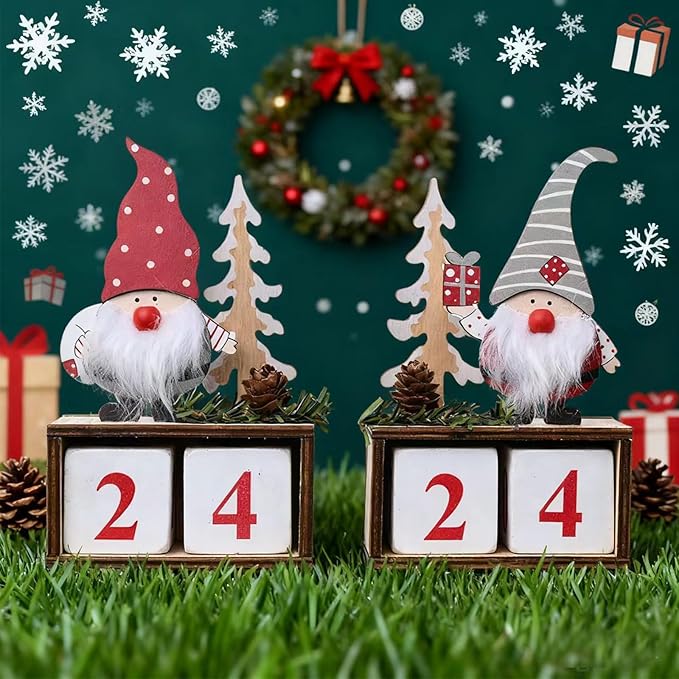 Christmas Wooden Countdown Calendar with Number Blocks – Santa Gnome Tabletop Advent for Christmas and Everyday Use | Holiday & Daily Decoration for Home, Office, Classroom (Red)