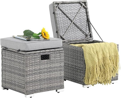Patiorama 2 Piece Outdoor Patio Ottomans,All-Weather Grey PE Rattan Wicker Ottoman with Storage,Outdoor Footrest Footstool Seat w/Thick Cushion,Built-in Handle for Backyard Poolside Porch (Light Grey)