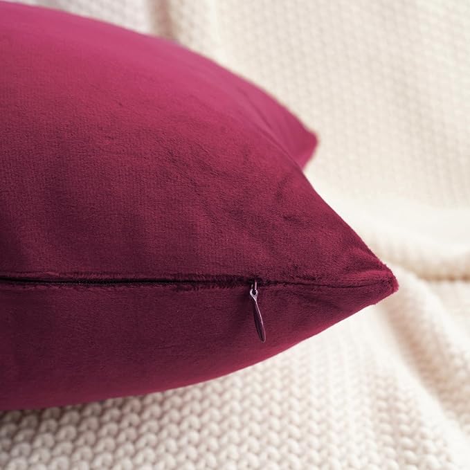 HWY 50 Wine Red Velvet Throw Pillow Covers 20x20 Inch, Pack of 2 Soft Cozy Solid Decorative Luxury Cushion Cases for Couch Sofa Bed Living Room Bedroom