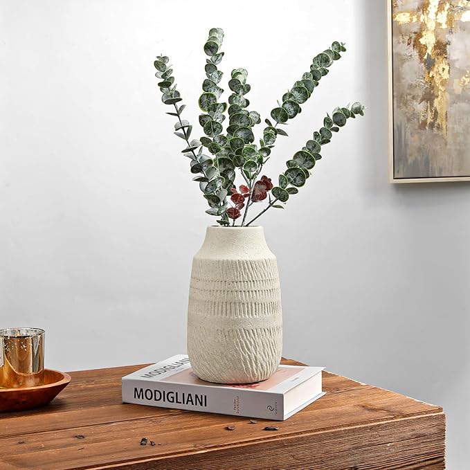 9" Pottery Vase with Sand-Grain Textured, Rustic Ceramic Vase for Mediterranean, Vintage & Farmhouse Style on Desktop Decor, Slender & Beige White