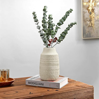 9" Pottery Vase with Sand-Grain Textured, Rustic Ceramic Vase for Mediterranean, Vintage & Farmhouse Style on Desktop Decor, Slender & Beige White