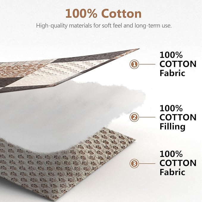 100% Cotton Quilt Set King Size - Plaid Quilted Comforter, Patchwork Reversible King Quilt Bedspread, Modern Farmhouse Lightweight Bedding for King Bed, 3pcs, Beige/Brown/Gray