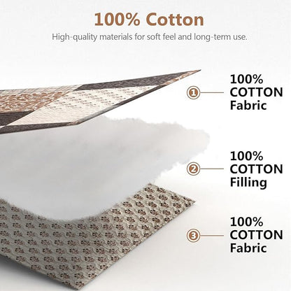 100% Cotton Quilt Set King Size - Plaid Quilted Comforter, Patchwork Reversible King Quilt Bedspread, Modern Farmhouse Lightweight Bedding for King Bed, 3pcs, Beige/Brown/Gray