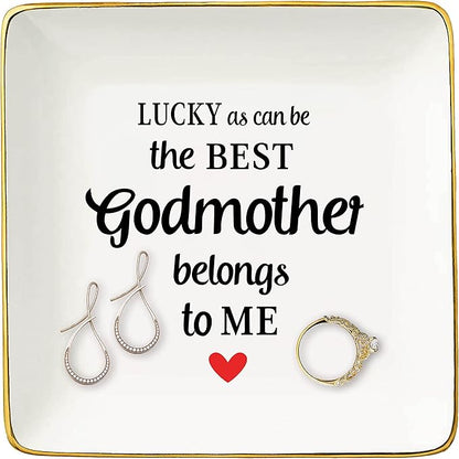 Godmother Gifts from Godchild-Birthday Baptism Christmas Mother's Day Presents for Godmom-Ceramic Jewelry Tray,Trinket Holder,Ring Dish-Lucky as Can Be the Best Godmother Belongs to Me