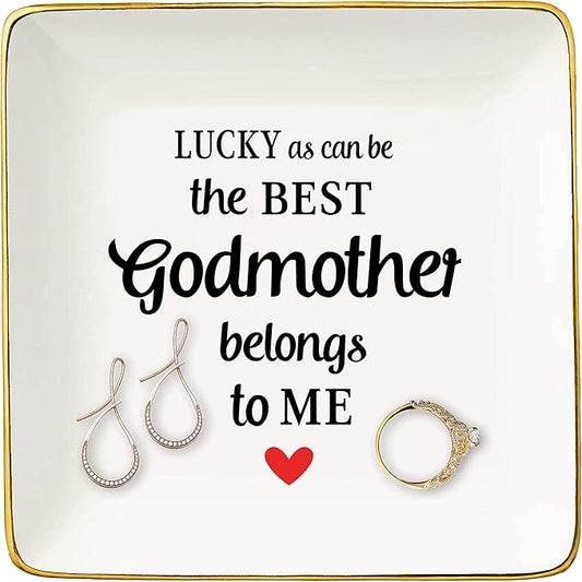 Godmother Gifts from Godchild-Birthday Baptism Christmas Mother's Day Presents for Godmom-Ceramic Jewelry Tray,Trinket Holder,Ring Dish-Lucky as Can Be the Best Godmother Belongs to Me