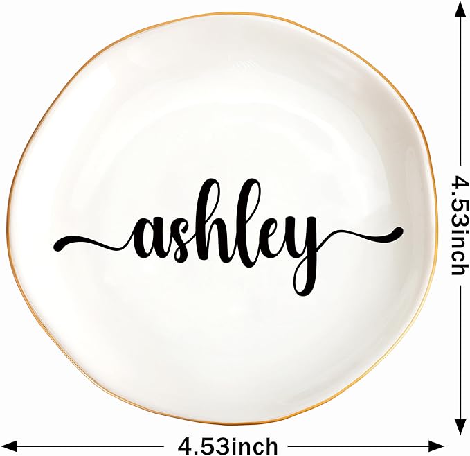 JoycuFF Ashley Personalized Name Ceramic Tray, Mothers Day Christmas Anniversary Engagement Birthday Gifts for Women Couples, Trinket Dish for Rings Earrings Necklaces Bracelets Keys