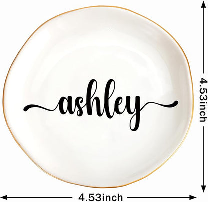 JoycuFF Ashley Personalized Name Ceramic Tray, Mothers Day Christmas Anniversary Engagement Birthday Gifts for Women Couples, Trinket Dish for Rings Earrings Necklaces Bracelets Keys