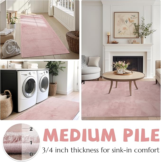 jinchan Solid Plush Area Rug 4x6 Performance Shaggy Washable Rug Indoor Soft Modern Faux Wool Cozy Non Slip Carpet for Living Room Kids Room Bedroom Dining Room Nursery Pink