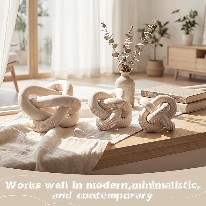 3 Pack Wooden Knot Decorations 3 Color Set Coordinated Boho Nautical Home Decor for Shelf, Wall, Tabletop, Sizes 3.94", 4.72", 5.91" (Nature)
