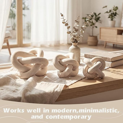 3 Pack Wooden Knot Decorations 3 Color Set Coordinated Boho Nautical Home Decor for Shelf, Wall, Tabletop, Sizes 3.94", 4.72", 5.91" (Nature)