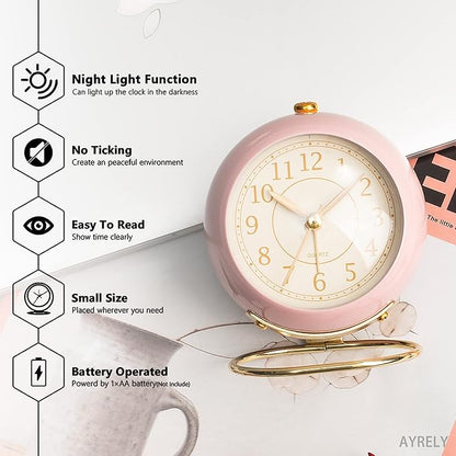 AYRELY® Battery Operated Desk Alarm Clock with Light,Silent No Ticking,Small Table Clock for Bedside/Bedroom/Living Room/Office/Travel/Kids/Room Decor Aesthetic Vintage(Pink)