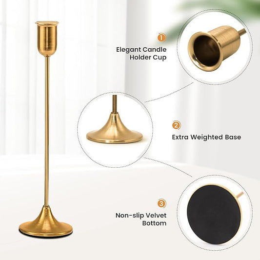 Brass Gold Candle Holder - 3 PCS Taper Candlestick Holders - Vintage Candle Stick Holders - Modern Home Decor Centerpiece - Cozy Atmosphere Gift for Home Decor, Wedding, Housewarming Gift