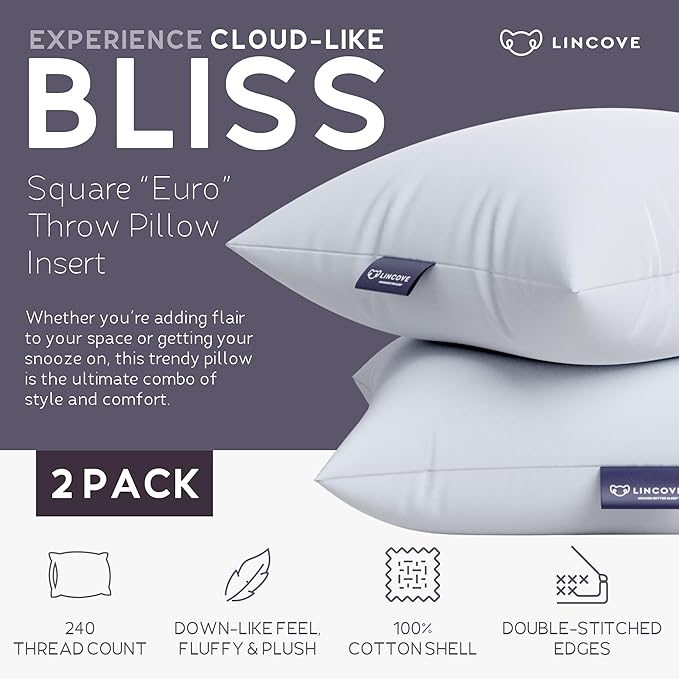 Lincove Euro Throw Pillow Insert Square 18"x18" Pillow – Made in Canada, 100% Cotton Shell, Down Alternative Filling, Vegan-Friendly, Hypoallergenic - Decorative Couch Pillows, 2 Pack