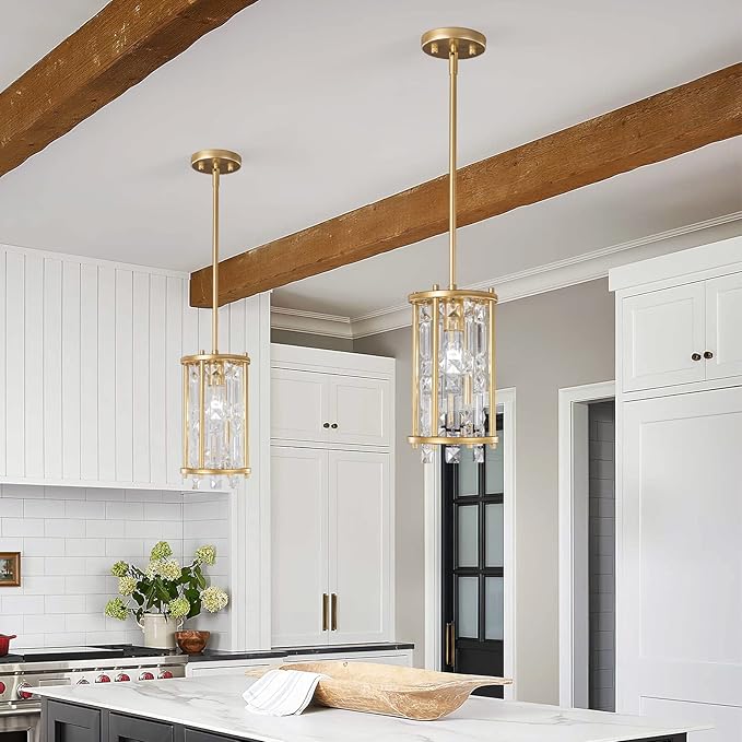 LMQNINE Modern Gold Pendant Lights Kitchen Island, Crystal Chandelier Lights Fixture, Elegant Adjustable Pendant Lighting for Dining Room Bedroom (Round 1-Light)