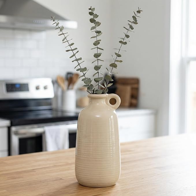 Sunddo Ceramic Flower Vase, 10 Inch Tall Modern Decorative Vase with Handle, Neutral Decor for Entryway, Living Room, Table Shelf, Bookshelf, Mantel Decor