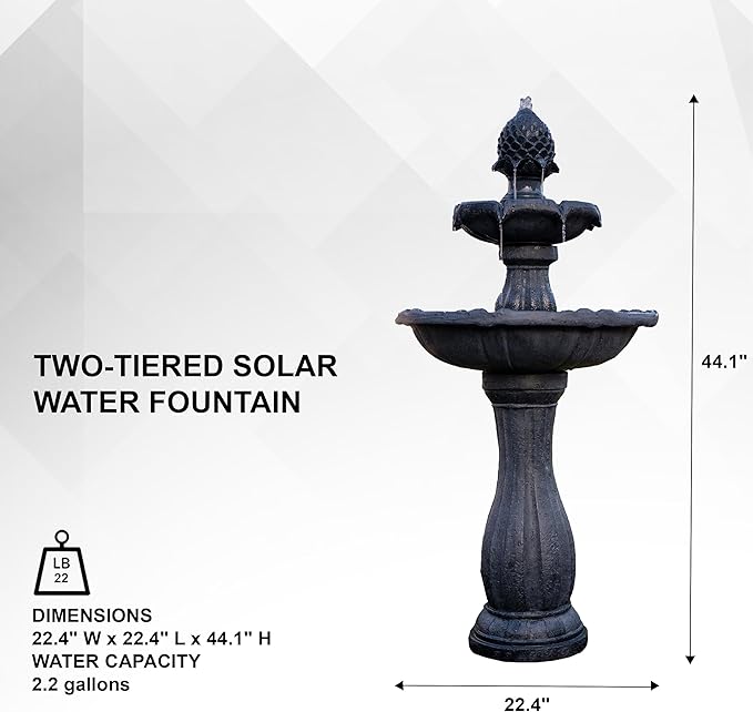 XBrand 44" H Black Fiberglass/Resin 2-Tier Solar Water Fountain with Auto-Shut Off Pump, Tall Outdoor Fountain, Two Tiered Birdbath