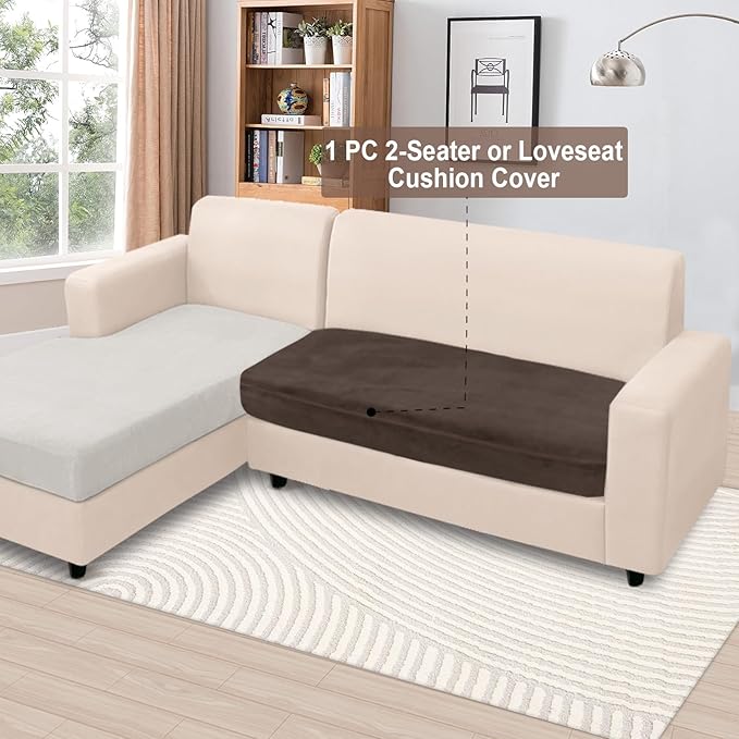 NAISI Couch Cushion Covers 1 Piece Velvet Stretch Loveseat Cover or 2 Seat Sofa Cover Soft Individual Couch Covers for Sectional Sofa(1 PC for 2-Seat Cushion or Loveseat,Brown)