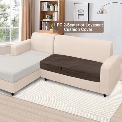 NAISI Couch Cushion Covers 1 Piece Velvet Stretch Loveseat Cover or 2 Seat Sofa Cover Soft Individual Couch Covers for Sectional Sofa(1 PC for 2-Seat Cushion or Loveseat,Brown)