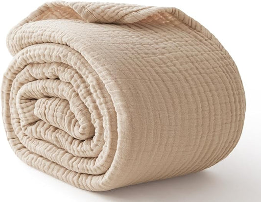 100% Cotton Blanket Large 50"x 70", 6 Layers Muslin Blankets, Cooling and Soft Throw Blanket for Bed and Couch, Breathable Quilt Bedspread, Gauze Bedding for Adults, Oatmeal, Beige Linen