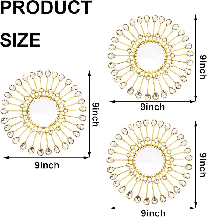 Gold Mirrors - Sunburst Christmas Wall Art, Decorative Round Mirrors for Christmas Bedroom, Living Room, Bathroom, Kitchen, Entryway, Hallway - Set of 3