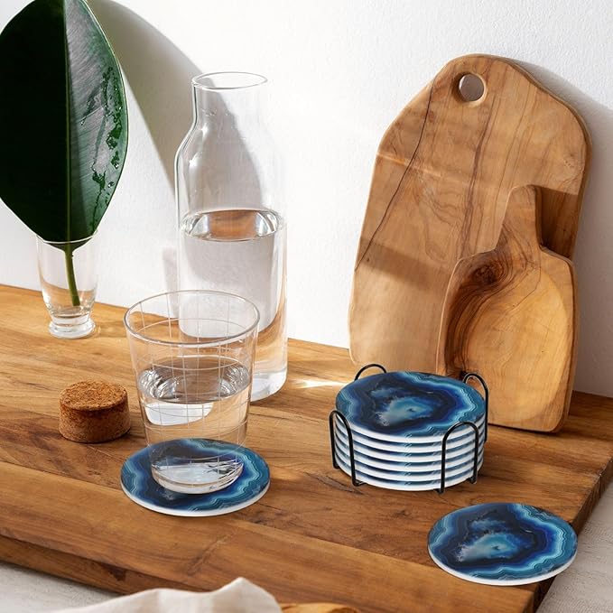 6 Pcs Ceramic Coasters with Holder Absorbent Drink Round Blue Agate Geode Print Design for Home Table Coffee Cup Wine Beer Bar,Size 4.4 inches
