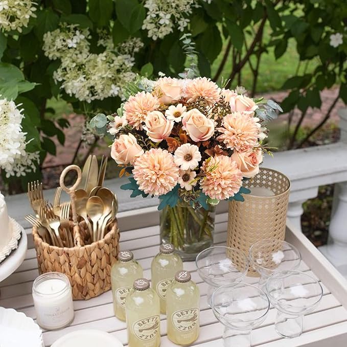 3 Pcs Fall Flowers Artificial Mums Silk Fake Mums Bouquet Faux Floral Arrangements Home Indoor Outdoor Planter Decor Party Wedding Table Autumn Decoration (Champagne)