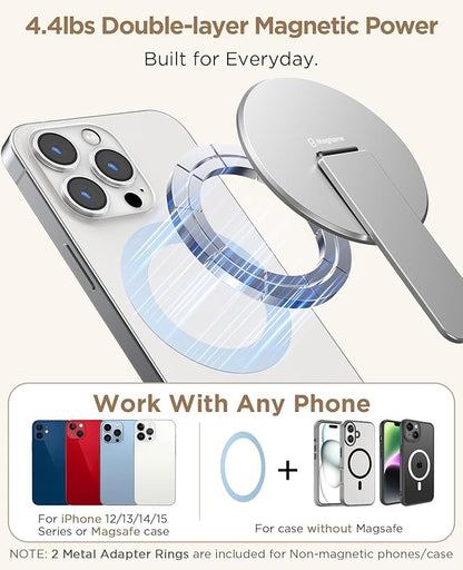 Magtame Magnetic Phone Stand Grip for Magsafe, Utral-Thin Snap-on Phone Kickstand, Holder & Grip, Foldable & Adjustable for Hands-Free Viewing | Compatible with Phone 16 15 14 13 12 Pro,Silver