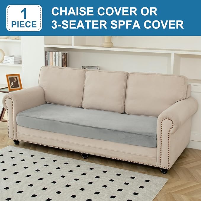 Couch Cover Velvet Chaise Cushion Cover for Sectional Sofas - Elastic L-Shaped Sofa Seat Covers Washable, Slipcover Protector (1-Piece, Light Grey)