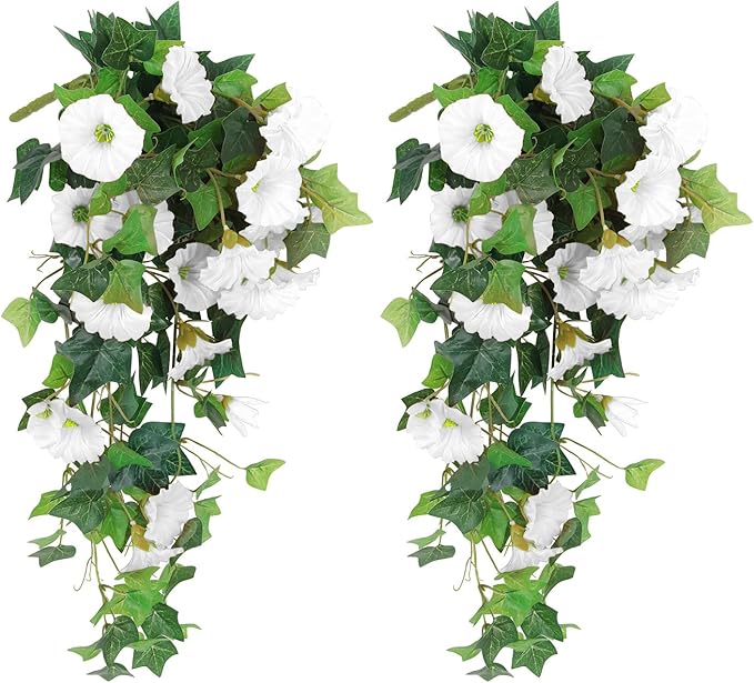 RECUTMS Artificial Fake Hanging Flowers Plants for Outdoor Spring Decor, 2 Pcs UV Resistant Faux Petunias Trailing Plants Realistic Flower Look Real for Door Wall Yard Porch Garden Planter (White)