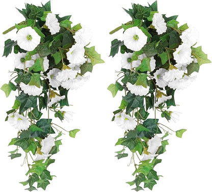 RECUTMS Artificial Fake Hanging Flowers Plants for Outdoor Spring Decor, 2 Pcs UV Resistant Faux Petunias Trailing Plants Realistic Flower Look Real for Door Wall Yard Porch Garden Planter (White)