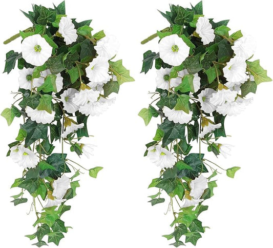 RECUTMS Artificial Fake Hanging Flowers Plants for Outdoor Spring Decor, 2 Pcs UV Resistant Faux Petunias Trailing Plants Realistic Flower Look Real for Door Wall Yard Porch Garden Planter (White)