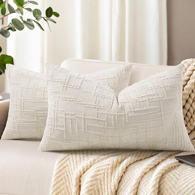 decorUhome Spring Cream White Chenille Throw Pillow Covers 12x20 Set of 2 Textured Slubby Couch Pillow Covers Farmhouse Accent Modern Neutral Decorative Pillow Cases for Bed Sofa Living Room