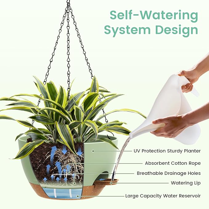 Set of 3-10 Inch Self Watering Hanging Planters for Indoor & Outdoor，Hanging Plant Pots with Drainage & Removable Tray, Modern Hanging Pots Holder for Ivy, Ferns, Balcony & Patio, Green and Brown