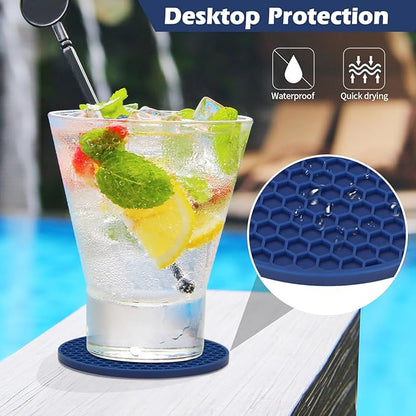 Silicone Coasters Set of 8 with Holder,Coasters Drinks,Beer,Coffee Coasters,Suitable Kinds Cups,Hot or Cold,Anti-SLI,Non-Stick,Anti-Overflow Tabletop Protection and Decor (8 Pcs, Navy Blue)