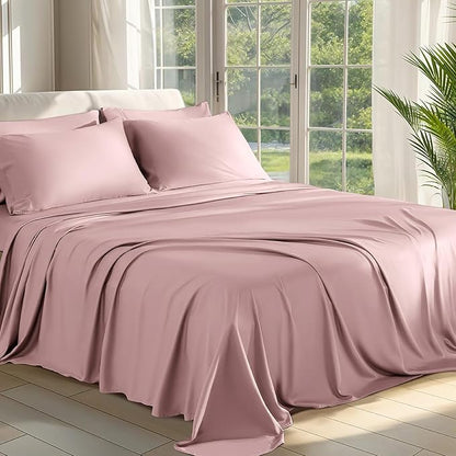 Shilucheng 100% Viscose Derived from Bamboo_ Sheets King Size 6pcs - Ultra Cooling & Silky Soft Bed Sheets, 16" Deep Pocket, Perfect for Hot Sleepers, Hotel Bedding Sheets (Light Pink)